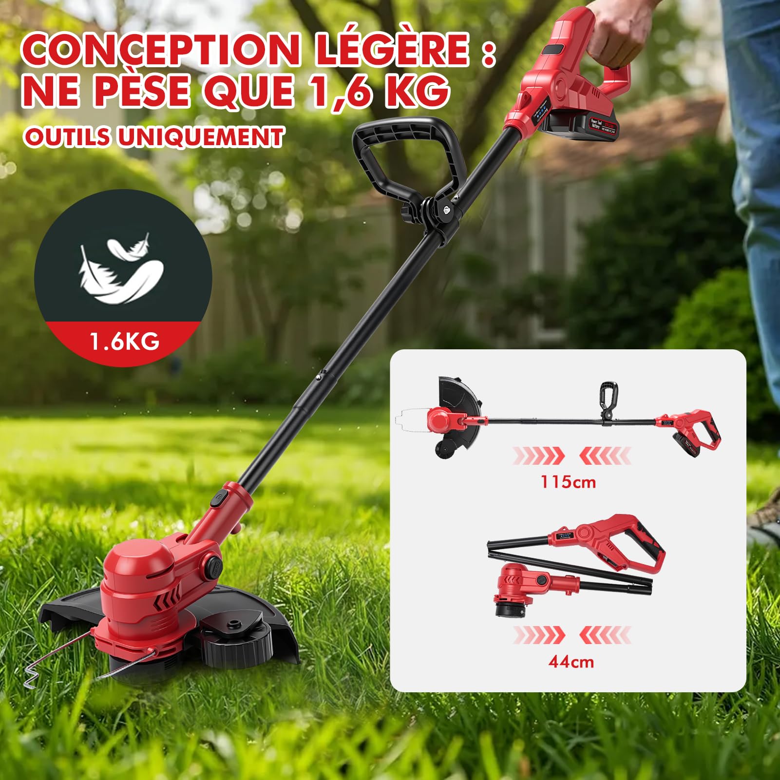 Coupe Bordure sans Fil avec Batterie, 21V Debroussailleuse Electrique sans Fil Coupe-Bordures Et Bordeuse, 30cm Largeur Coupe Rotofil Batterie avec 2 Batteries 1.5 Ah Et Chargeur,4 Bobines De Fil