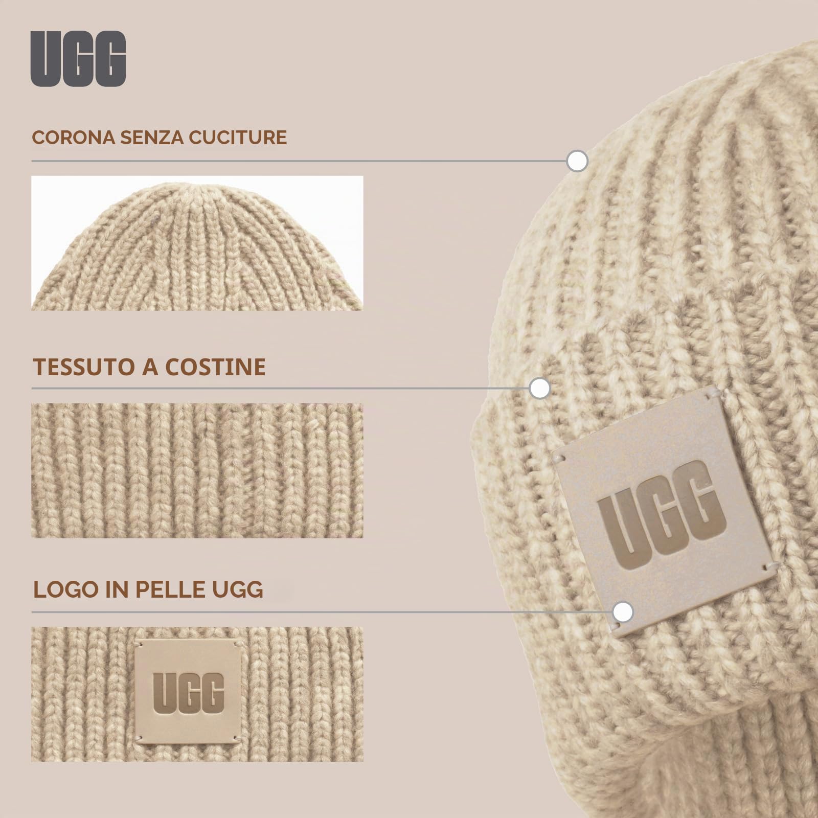 UGG - W Chunky Rib Beanie W Logo, W Chunky Rib Beanie W Logo Donna