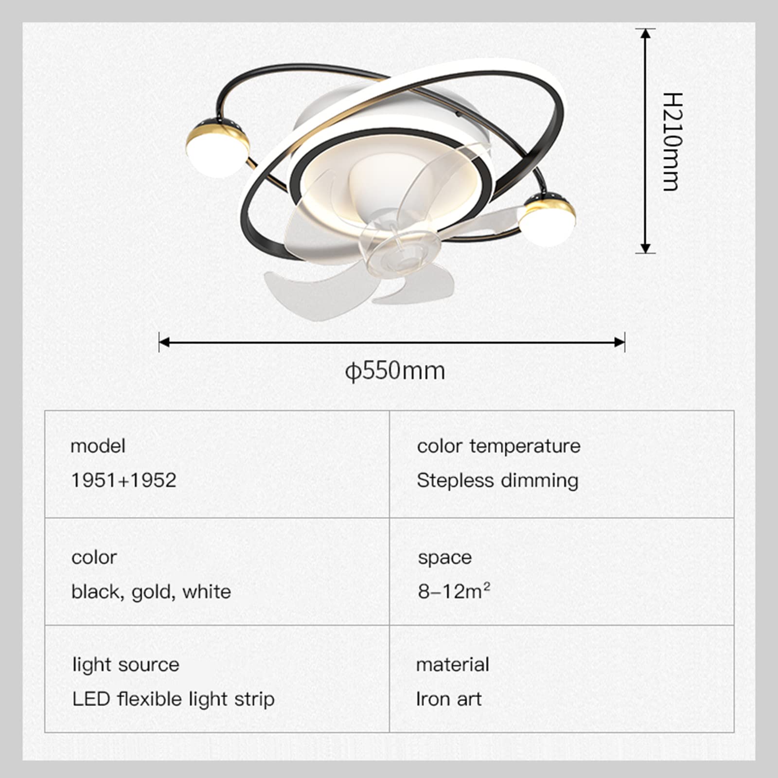CUNTO Ventilatore da soffitto moderno con luce a LED e telecomando, plafoniere dimmerabili con ventilatore per la casa, soggiorno, camera da letto, lampada da soffitto alla moda, lampadario, nero