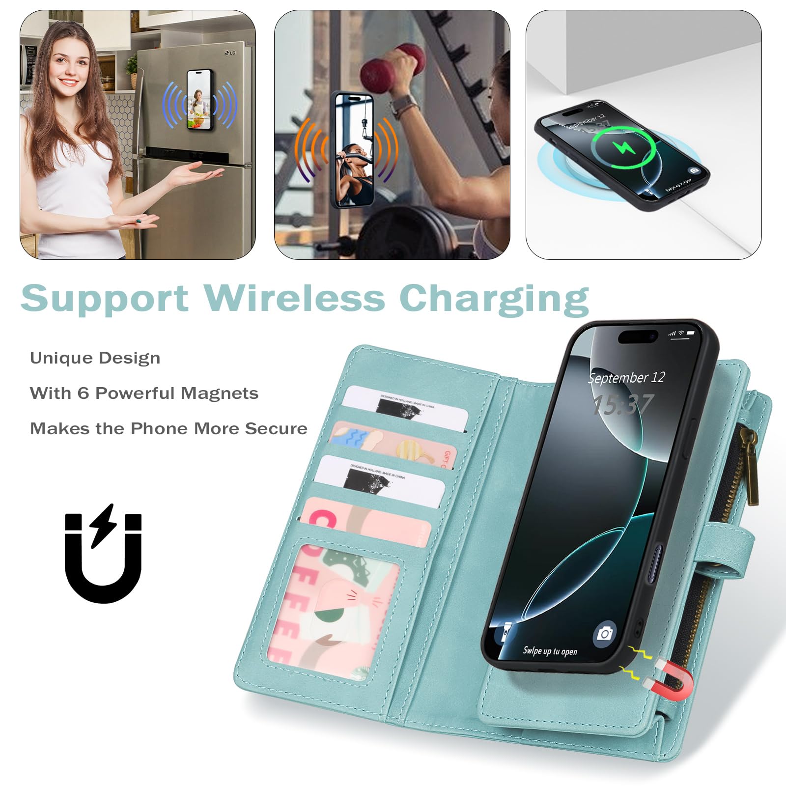 TwoHead Wallet Case Compatible with iPhone 16 Pro Max,Detachable Magnetic Phone Case,PU Leather All-Round Protective Case Wallet with Card Holder/Change Pocket,6.9 in,Blue