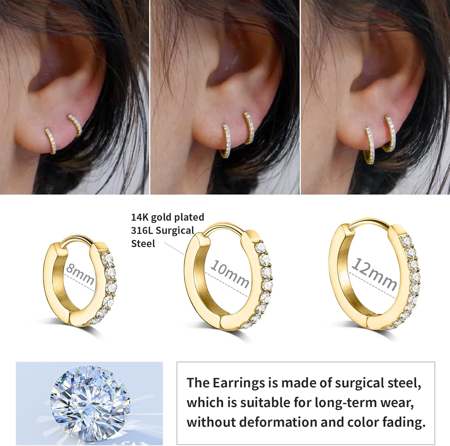 316L Surgical Steel Huggie Hoop Earrings Set,3 Pairs Small Hoop Earrings for Women & Men, Hypoallergenic CZ Cartilage & Earlobe Earrings, Lightweight & Trendy, 8mm 10mm 12mm(Gold) - Image 3