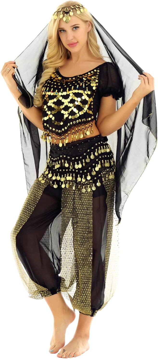Womens Belly Dance Chiffon Arabian Bells Top Harem Pants Princess Cosplay Outfit Party Dress Up