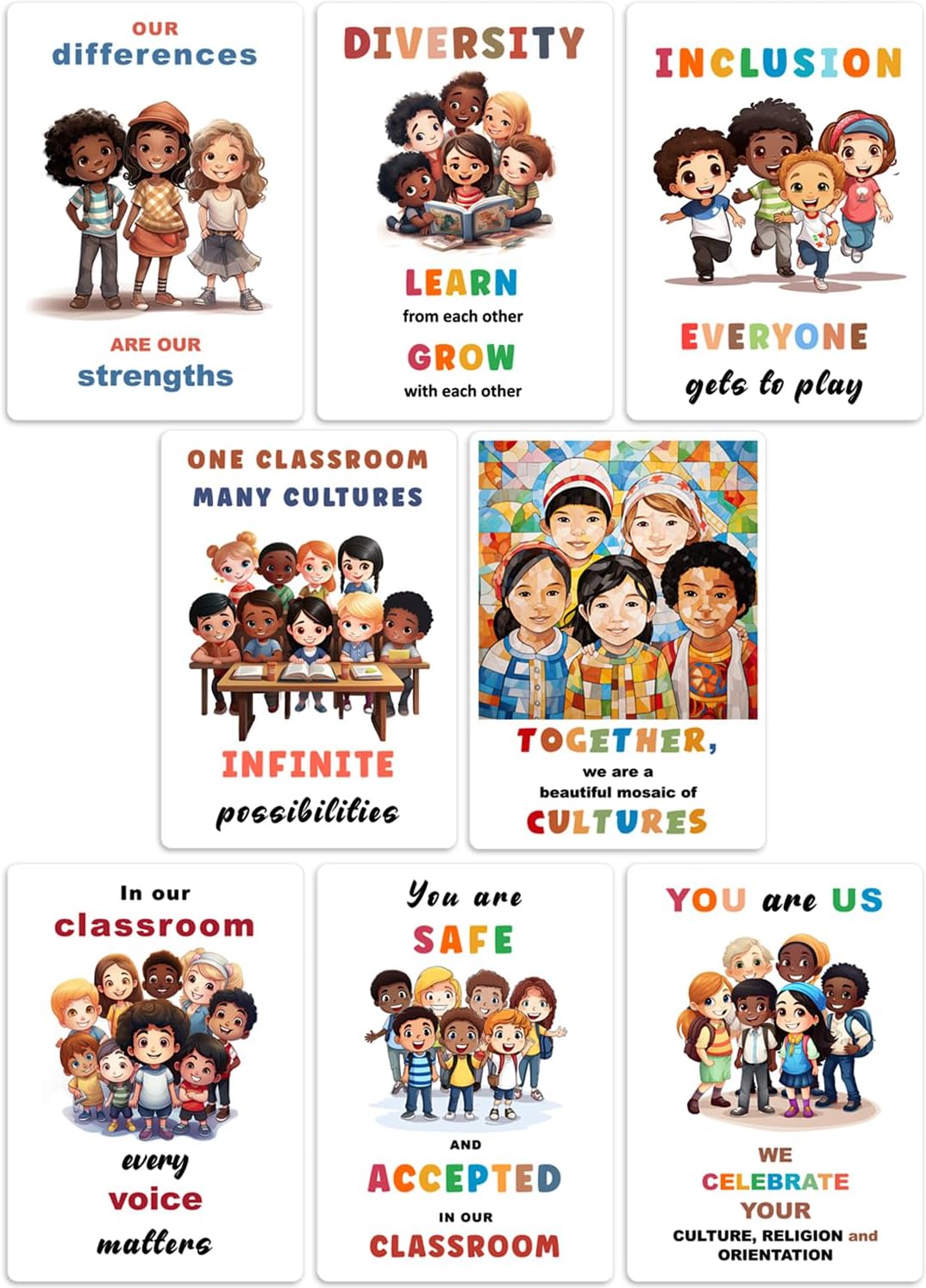 BQW Multicultural Posters - 8 Diversity & Inclusion Posters, 11x17in, Classroom Decorations