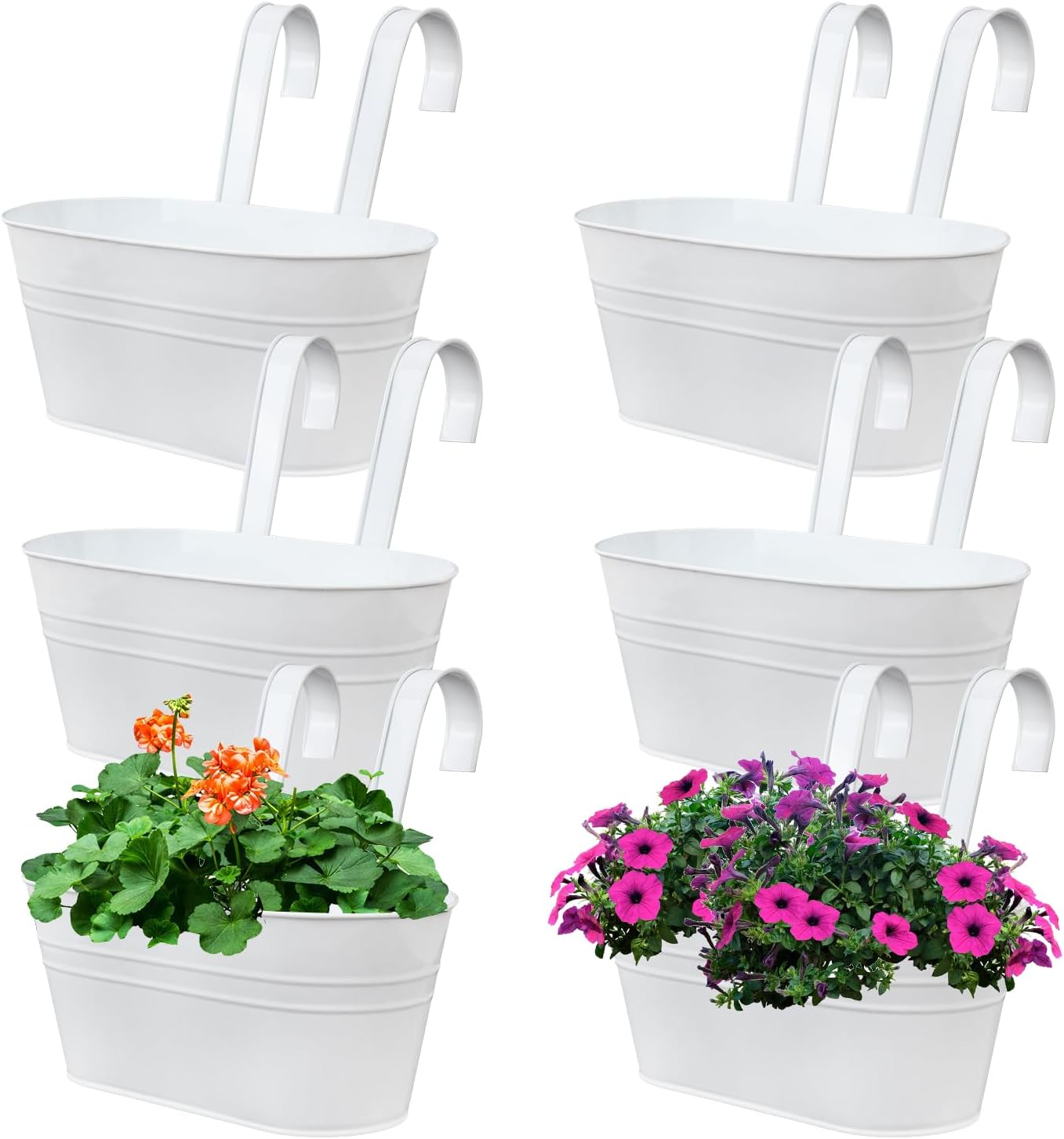 6 Pack Metal Railing Planter for Outdoor Plants, White Iron Railing Planters, Metal Window Hanging Flower Pots for Balcony, Fence, and Patio Railings, Garden Decor with Drainage Holes
