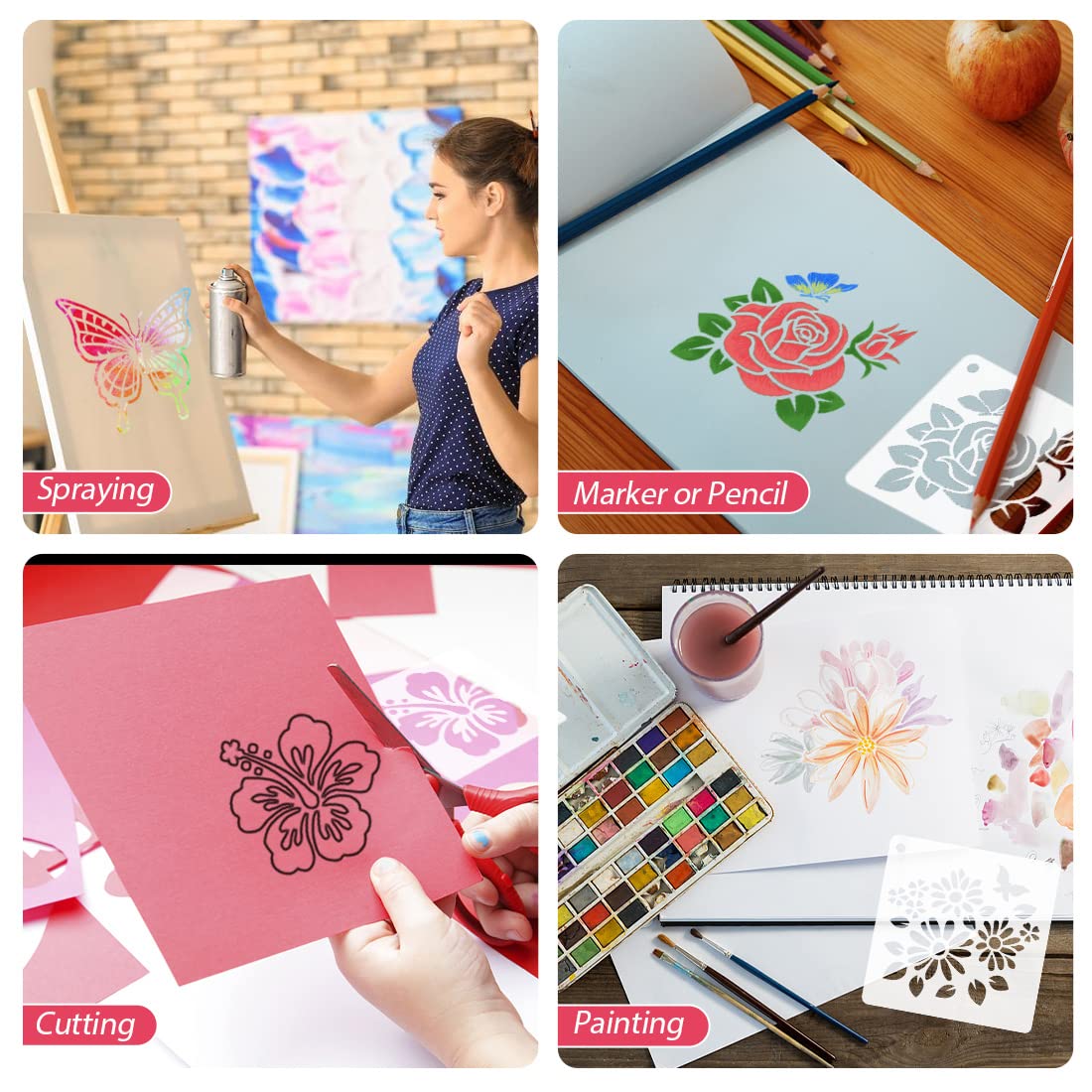 CH HAICHENG 50 PCS Flower Painting Stencils Reusable Flower Stencils For Painting On Wood Rocks Canvas Fabric Glass Pottery 4X4 Inch 2