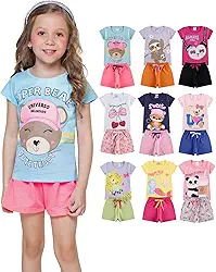 Kit Sortido 10 Peças de Roupa Curta Infantil Menina - 5 Conjuntos Curto Verão Feminino Bebê