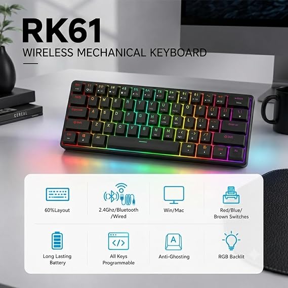 RK ROYAL KLUDGE RK61 60% Wireless Mechanical Keyboard w/Coiled Cable, Black