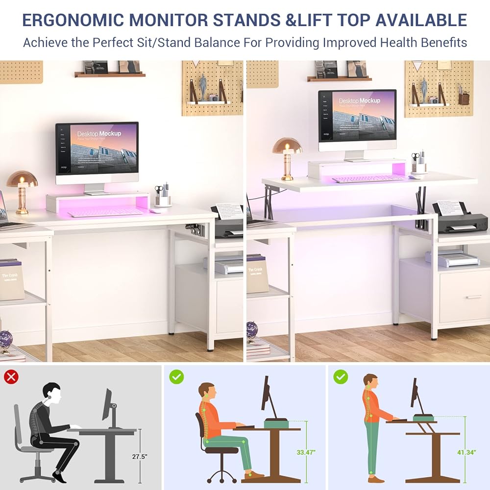 Aheaplus L Shaped Desk with Power Outlet, Standing Home Office Desk