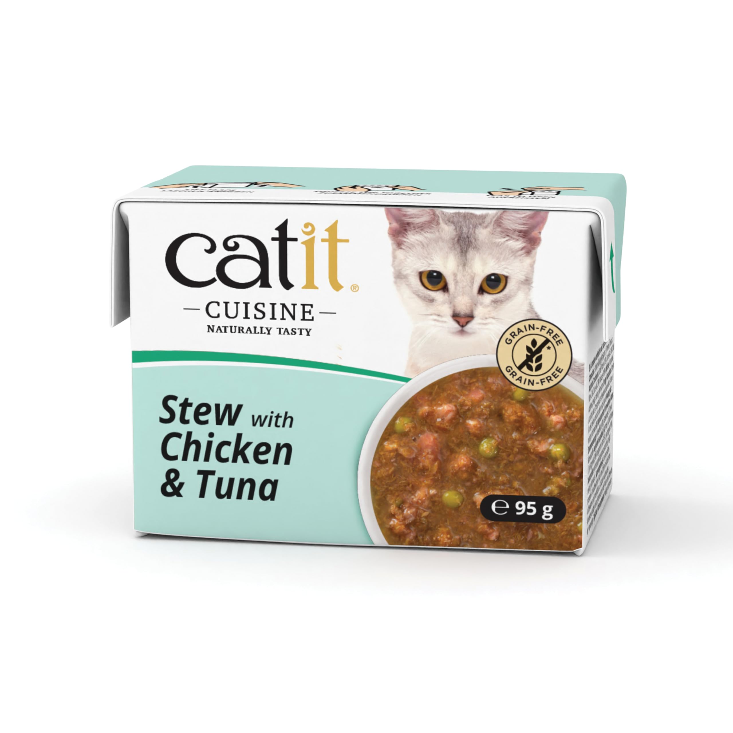 Catit Cuisine Chicken & Tuna Stew, Grain Free Wet Cat Food in Broth, Tender Meat Stew for Adult Cats, 95g Tetra Pack