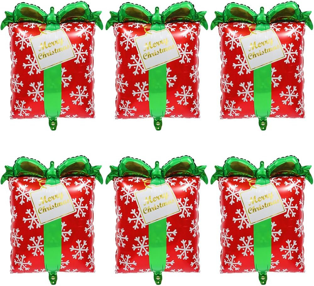 Christmas Gift Box Balloon Red Green Present Box Balloon For Merry Xmas Birthday Happy New Year Winter Holiday Photo Backdrop, 6 Pack Cube Christmas Gift Balloons With Snow Pattern Xmas Eve Decoration
