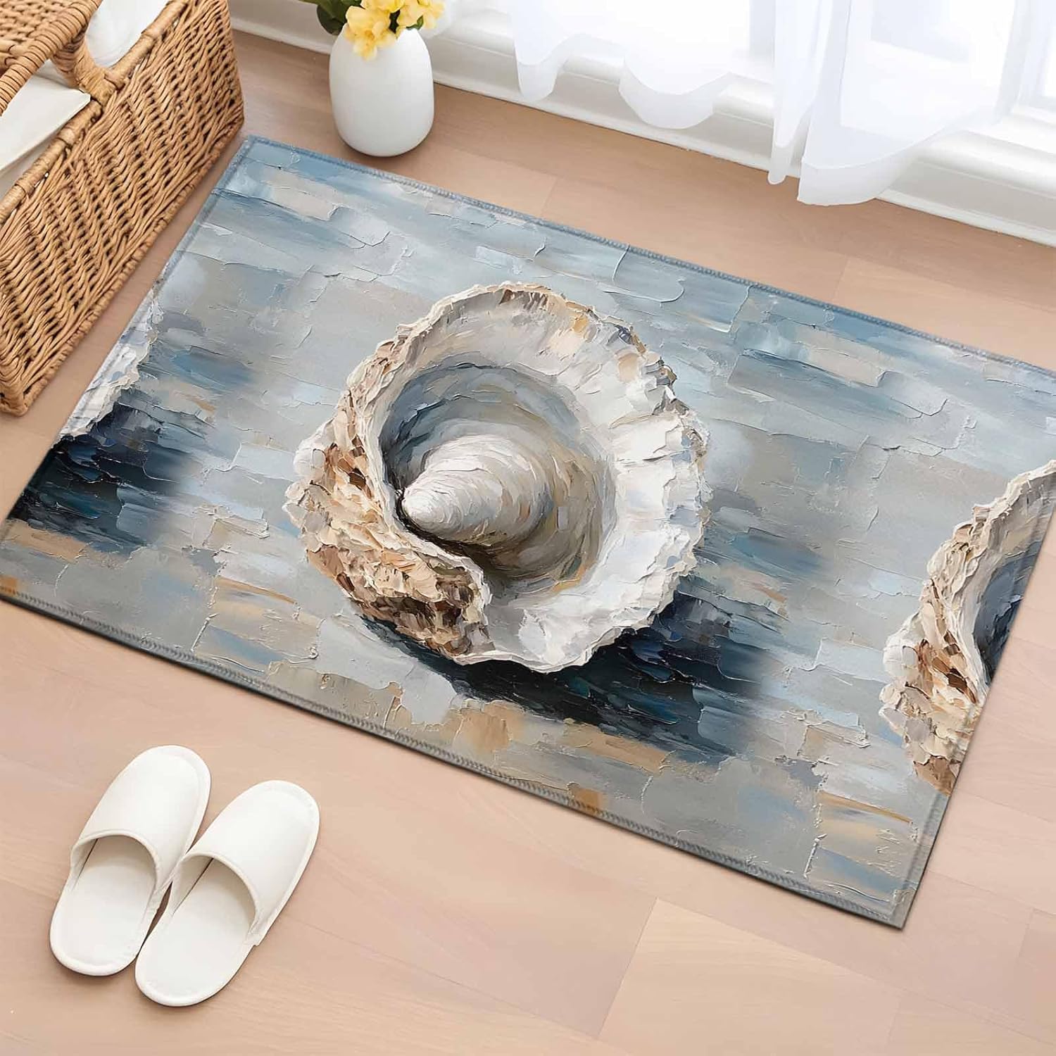 Coastal Seashells Bathroom Rug Washable 2x3 Entryway Rug Non Slip Rustic Nautical Oil Abstract Painting Front Door Mat Low Pile Indoor Doormat Throw Floor Carpet for Kitchen Bedroom Entrance