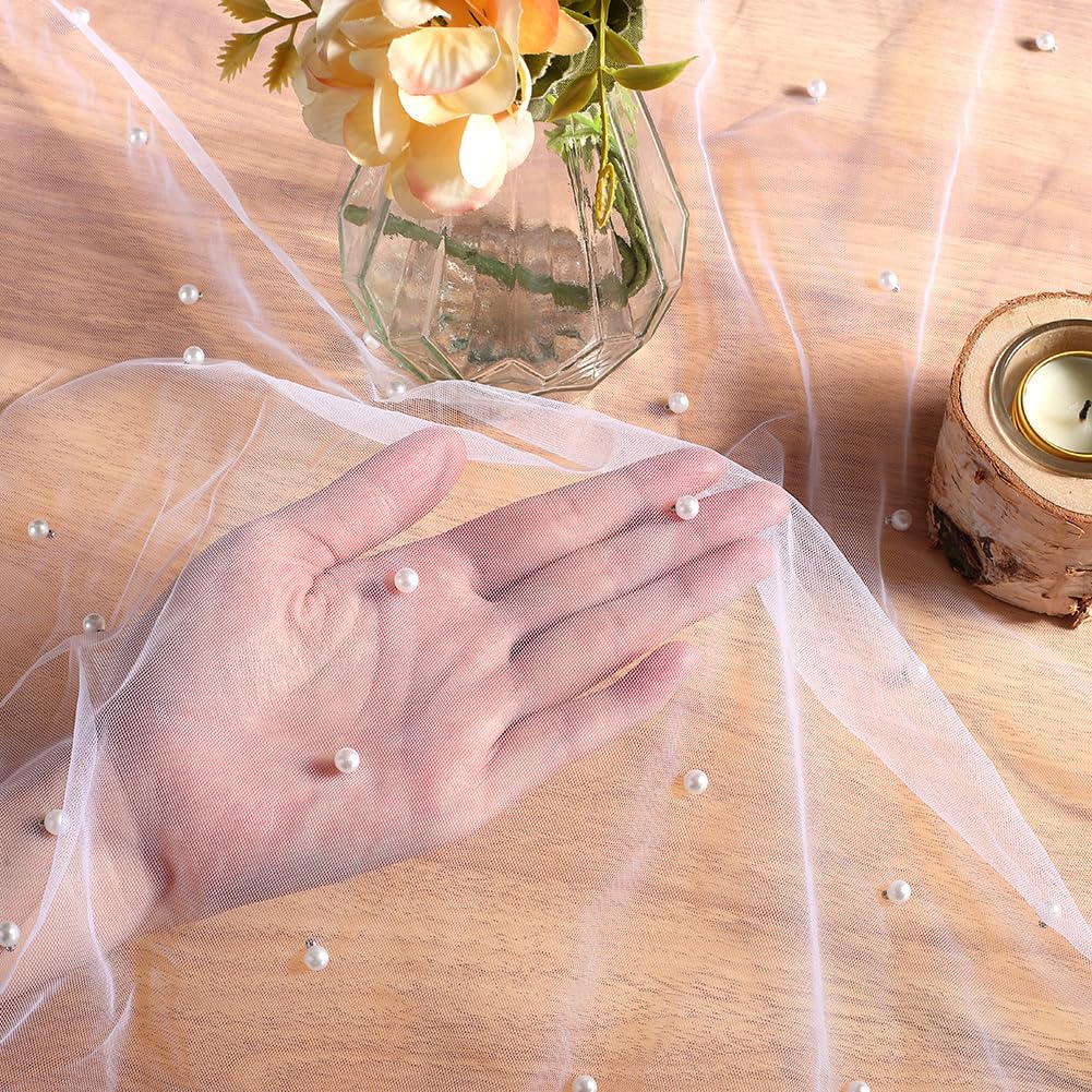 GORGECRAFT 3 Yards White Lace Fabric 160cm Wide Tulle Beaded Pearl Lace Net Fabric Mesh Table Cloth for Bridal Veil Wedding Dresses Bows Making Home Christmas Party Backdrop Decor DIY Sewing Crafts - Image 4