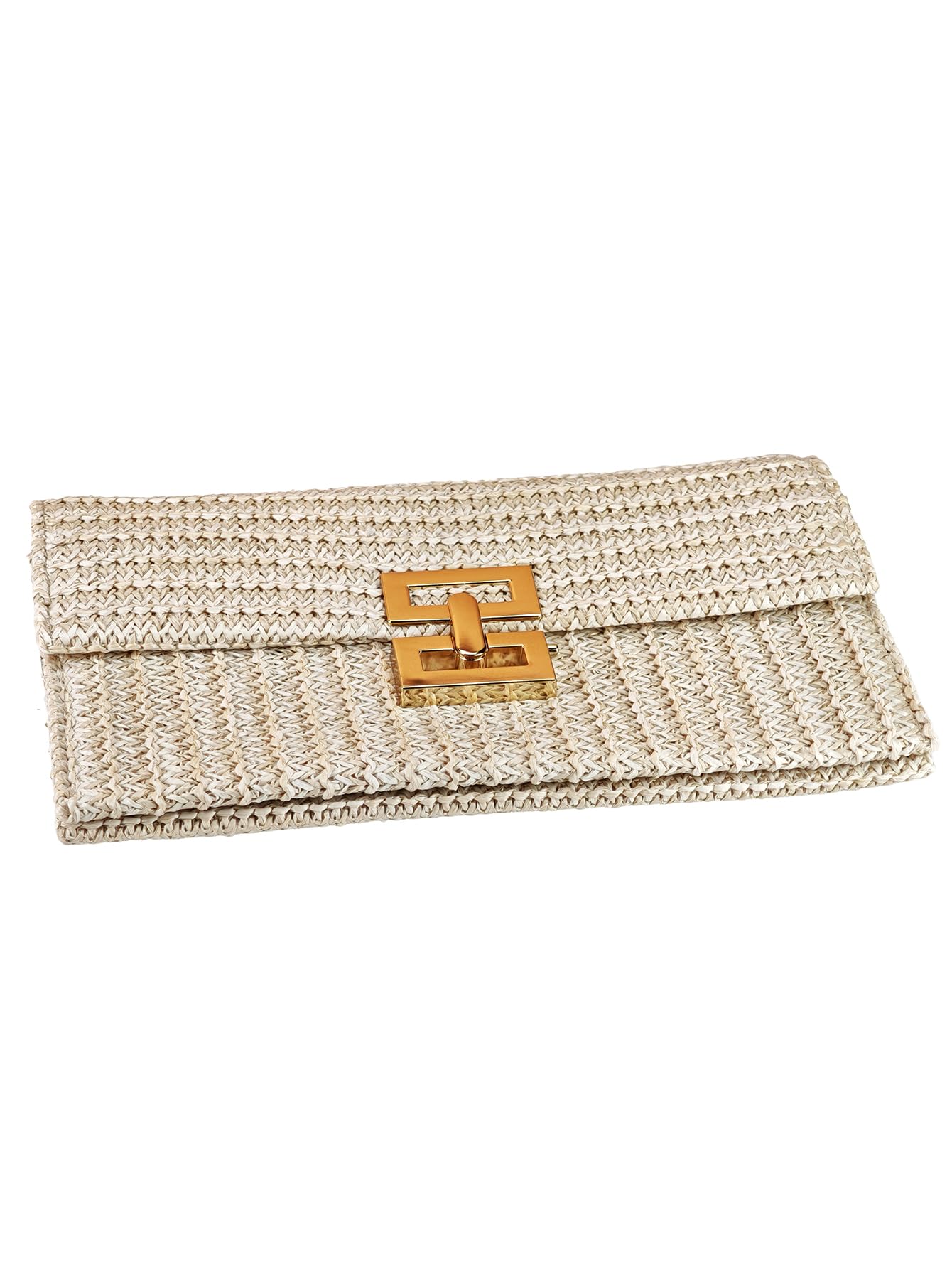 COOLOYA Women's Woven Flap Clutch Purse Pleated Straw Bag Handbag Vacation Beach Bags with Metal Lock Cream One Size