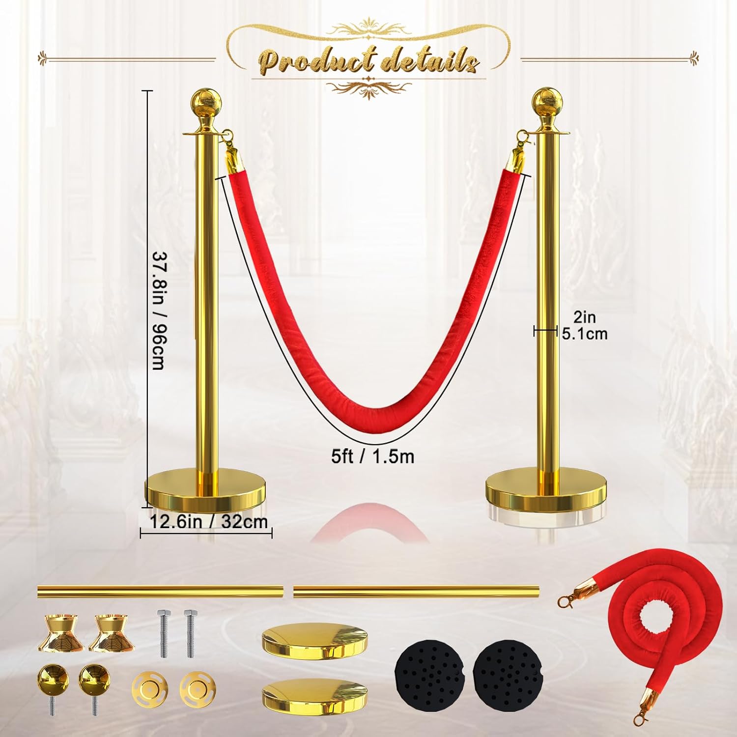 2Pcs Gold Stanchion Post Queue Velvet Ropes and Posts with Soild Base and 1pcs 5 Ft Red Velvet Ropes Carpet Ropes Posts Stanchion Set Crowd Control Barriers for Party Supplies