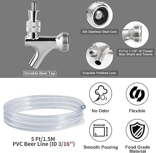 Miniatura 3 de Línea de cerveza de PVC de 5 pies y grifo de torre de cerveza inoxidable, kit de vástago de cerveza, grifo de cerveza de cierre automático, piezas