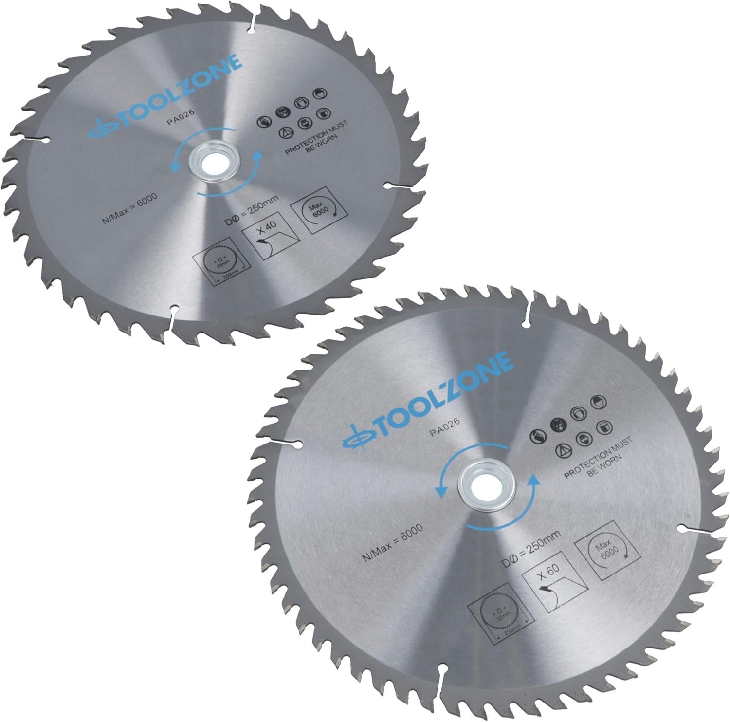 2pc 250mm TCT Circular Saw Blades 40 and 60 Teeth with Adapter Rings TE321