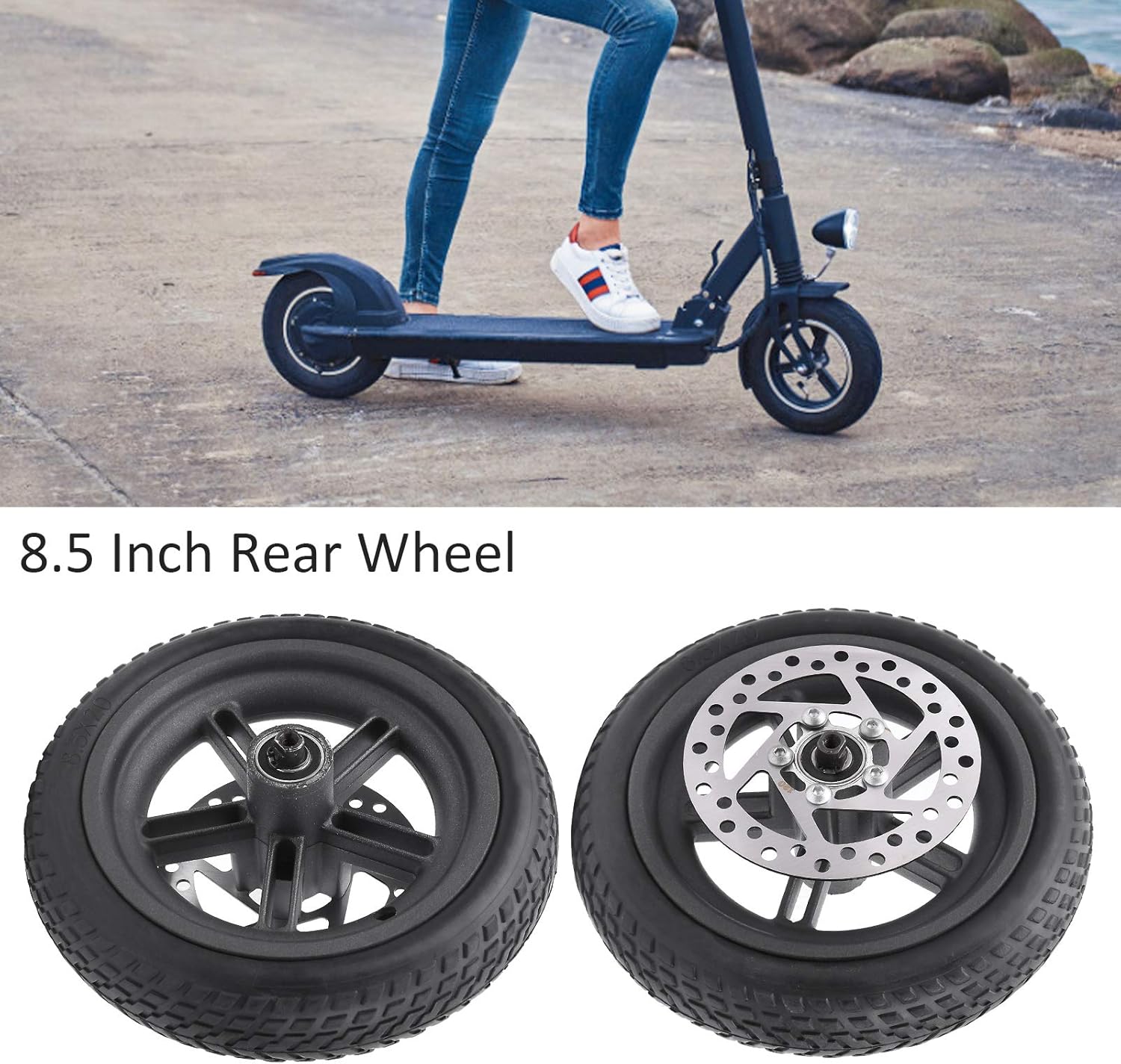 Electric Scooter Rear Tire Set, Explosion Proof Scooter Wheel Hub Tyre, Shock Absorbing Anti Slip 8.5 Inch Rear Wheel for , Tire, 120MM Disc Brake Scooter Replacement Set