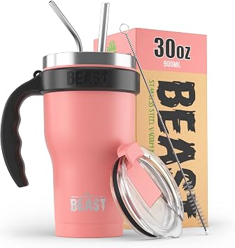 BEAST 30 oz Blossom Pink Tumbler Set with Handle - Stainless Steel Coffee Cup + 2 Straws Brush, Gift Box & Black Handle