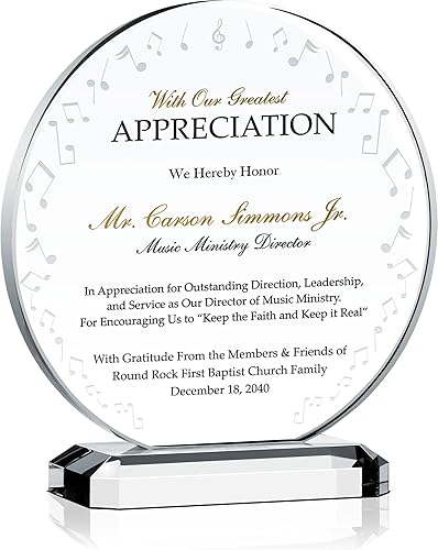 Placa de regalo personalizada de agradecimiento al ministerio de música de cristal, personalizada con nombre del músico de la iglesia, versículo de