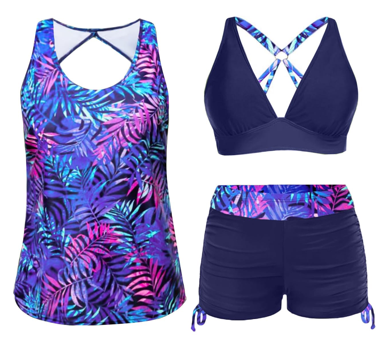 Yonique 3 Piece Tankini Swimsuits for Women Swim Tank Top Bathing Suits with Boy Shorts and Bra Athletic Swimwear