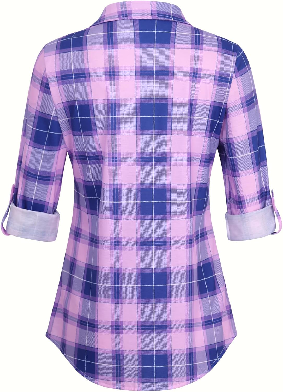 DJT Womens Soft Stretchy Knit Plaid Shirts Roll Up Long Sleeve Collared Button Down Blouses Tops - Image 3