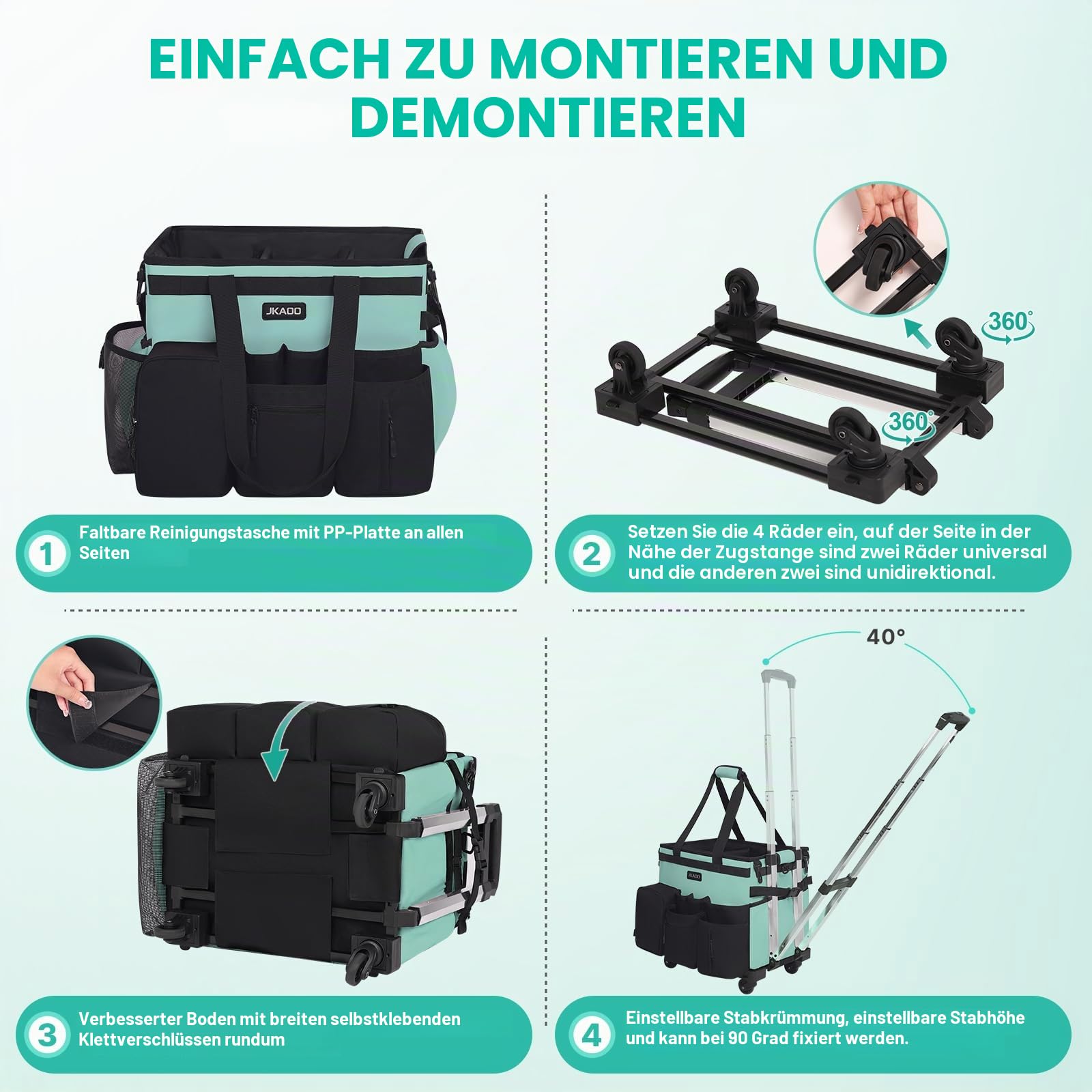 JKAOO Große Reinigungs-Caddy-Tasche mit abnehmbarem Trolley, wasserdichter Reinigungs-Caddy auf Rädern für Haushälterinnen, Reinigungswagen, Organizer für Zuhause, Auto, Büro, Picknick (blau-grün)