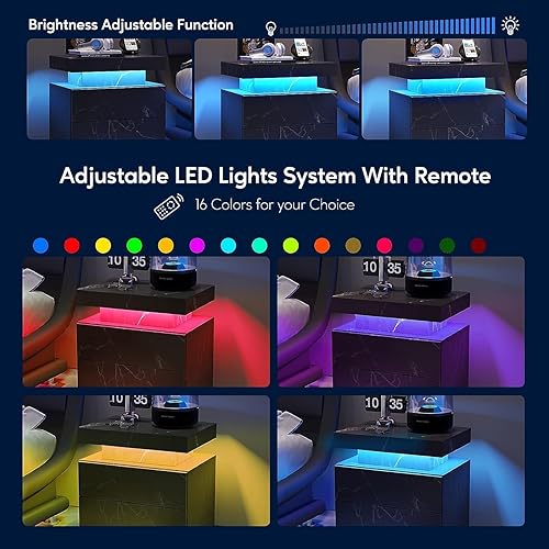 Miniatura 3 de Yoluckea Mesita de noche LED para dormitorio moderna de madera de alto brillo 2 cajones mesita de noche blanca con tapa abatible compartimento de