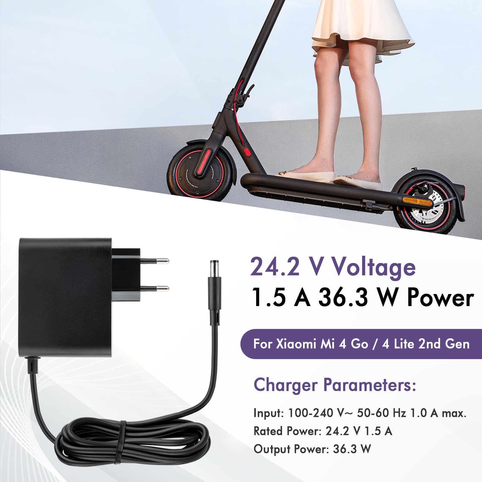 LIROPAU Chargeur pour trottinettes électriques, Chargeur 24,2 V 1,5 A | câble de charge pour hoverboard Xiaomi Electric Scooter 4 Lite 2e génération, adaptateur secteur