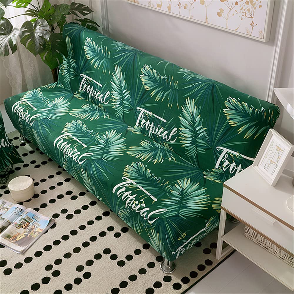 Surwin Armless Sofa Bed Cover Plant Printed, Non Slip Washable Stretch Futon Slipcover Protector for 2 Seater/3 Seater Folding Sofa Bed without Armrests (Green Tropical,3 Seater)