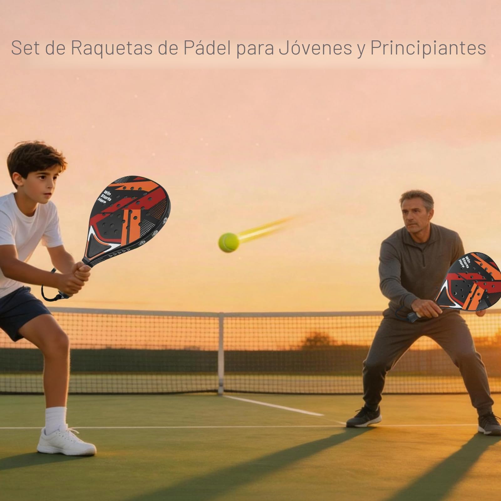 Juego de raquetas de padel – 2 raquetas + 2 pelotas + bolsa, palas de pádel para principiantes, mujer, raqueta de pádel en negro y rojo, marco ABS y núcleo de espuma EVA, fácil control