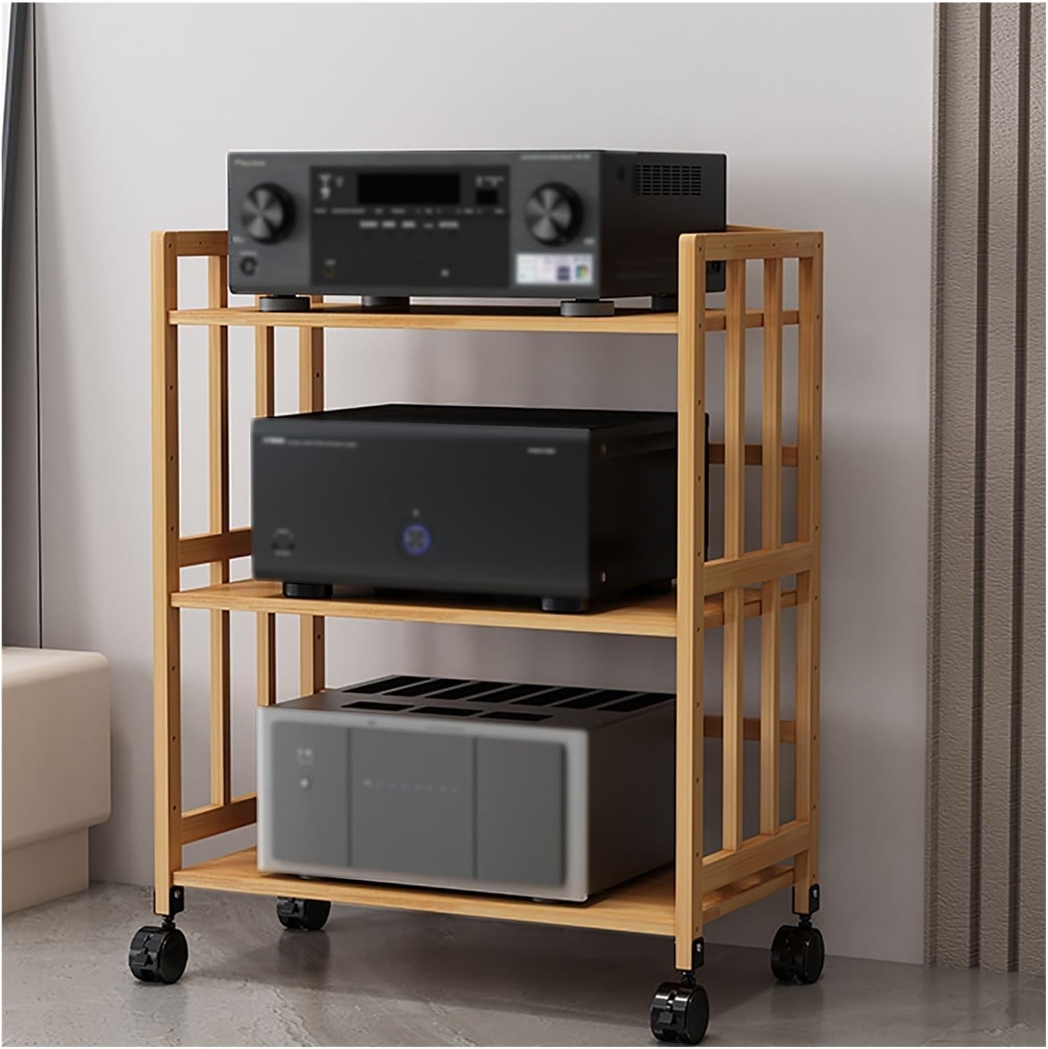 3-Tier Movable AV Media Stand Audio Video Component Rack Stereo Shelf for CD Player Speaker & Game Console Corner Entertainment Center Stylish Storage Solution (W-50CM)