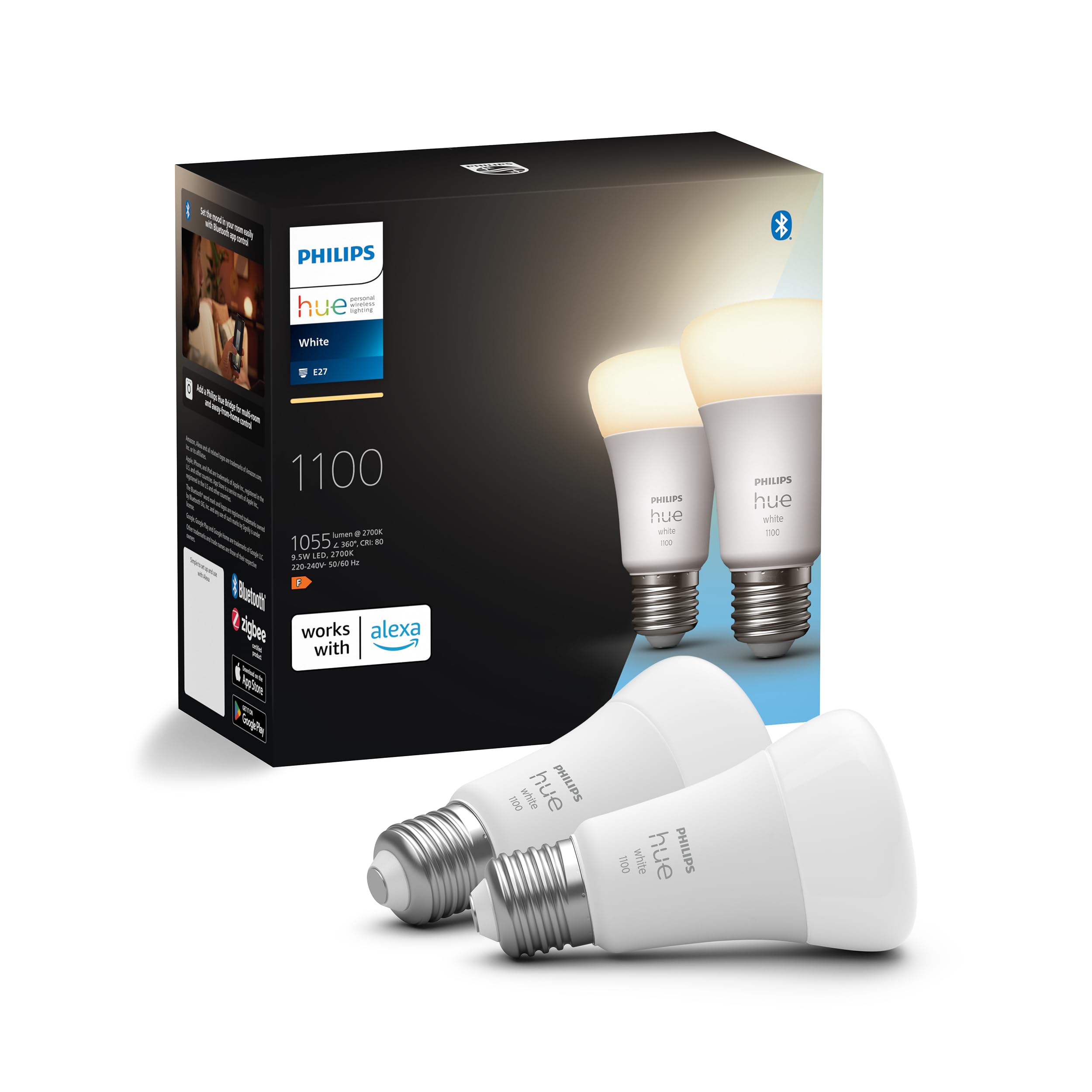 Philips Hue Philips Hue White Lampadina Smart LED, Attacco E27, 9.5W, Luce bianca, Dimmerabile, Controllo con Bluetooth e Hue App, Funziona con Alexa, Google Assistant e Apple HomeKit, Pack da 2