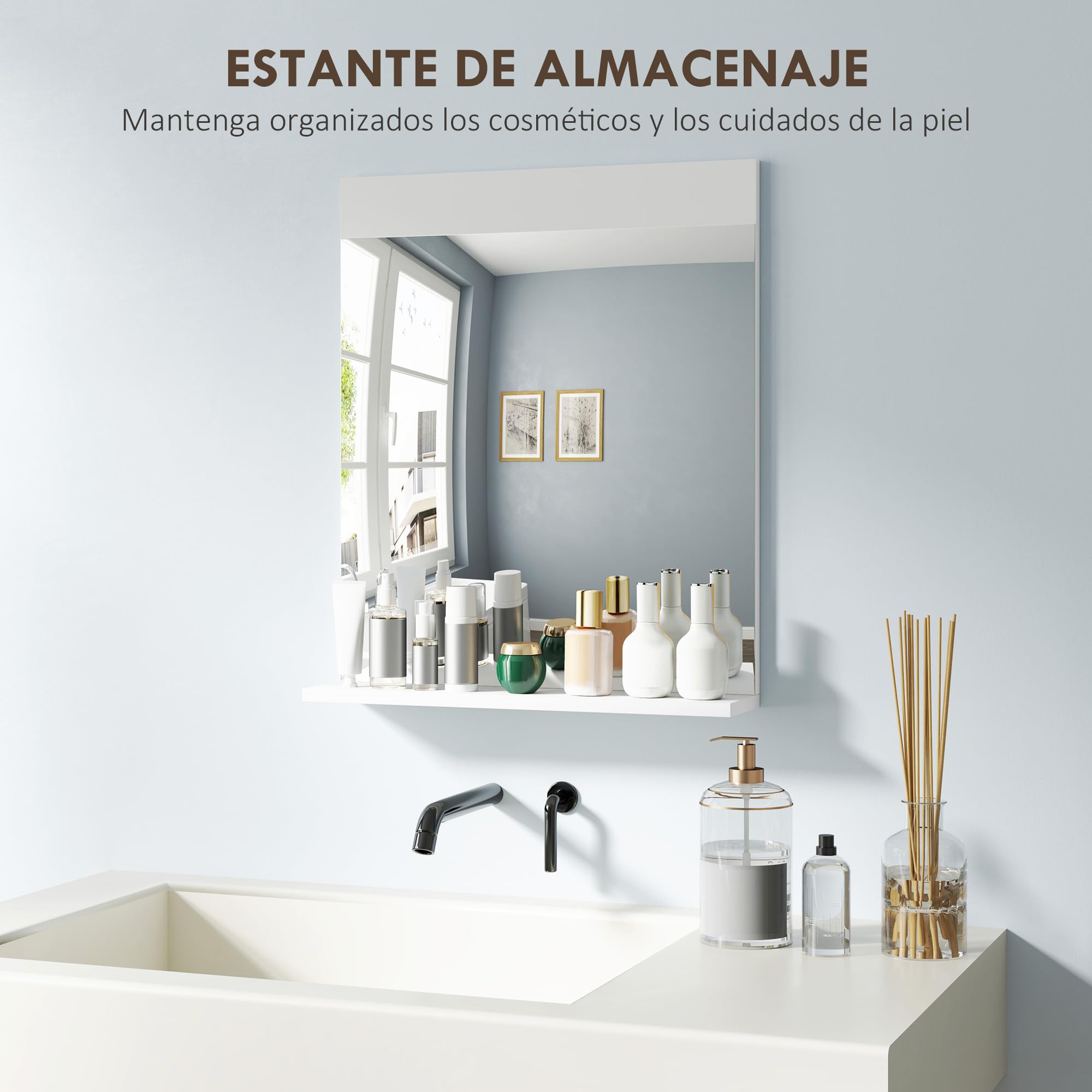 HOMCOM Espejo de Baño con Estante Abierto 50x12x60 cm Blanco | Espejo de Pared, para Entrada Pasillo