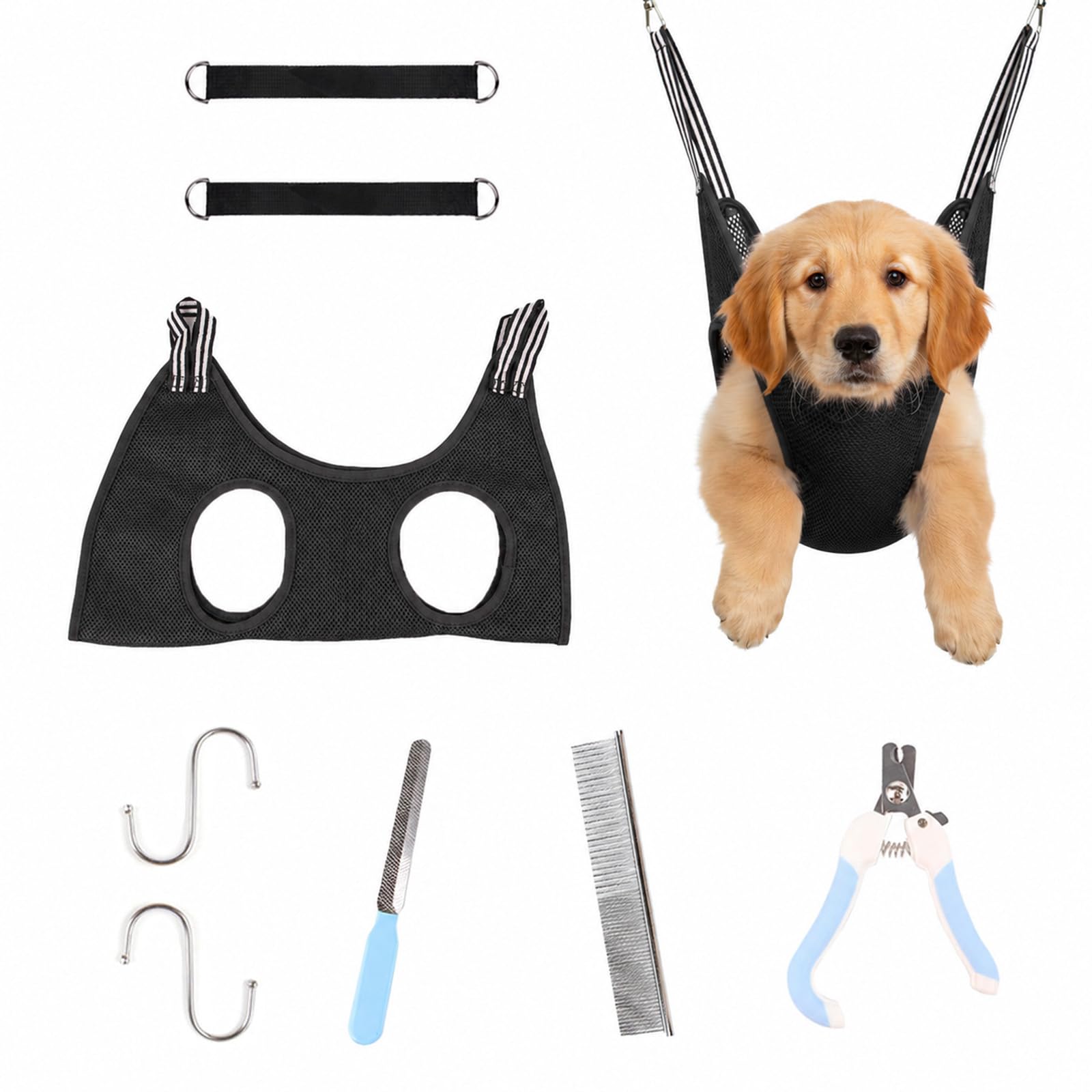 Dog Grooming Hammock Harness Kit, Breathable Dog Sling for Nail Clipping Trimming, Adjustable Pet Grooming Restraint Bag with Clippers File Comb S-hooks Slings Dog Grooming Supplies Kit for Claw Care