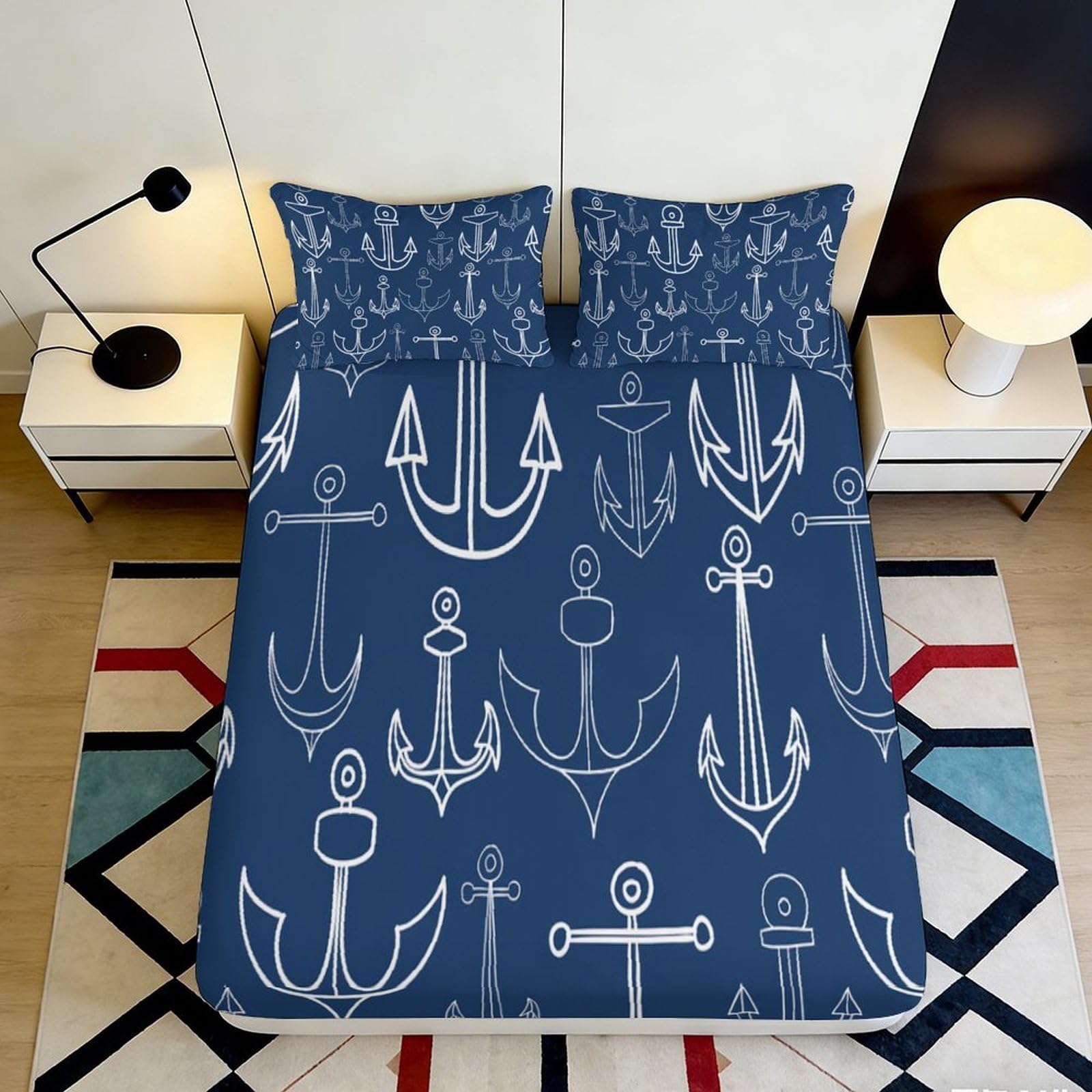 3D Printed Nautical Anchor Fitted Sheet Microfiber Blue Maritime Bed Cover for Bedroom Dorm Mattress Protection Decor 90x200x25cm