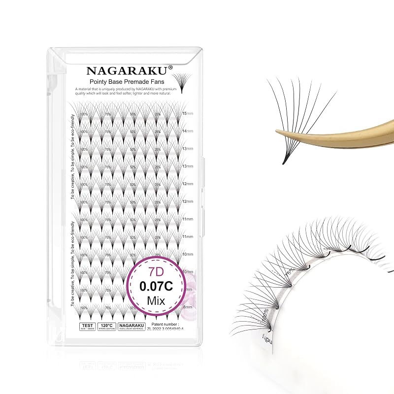 NAGARAKU Extensões de Cílios em Leques Pré-Montados 7D, 0,07C, 8–15 mm, Pacote com 120 leques