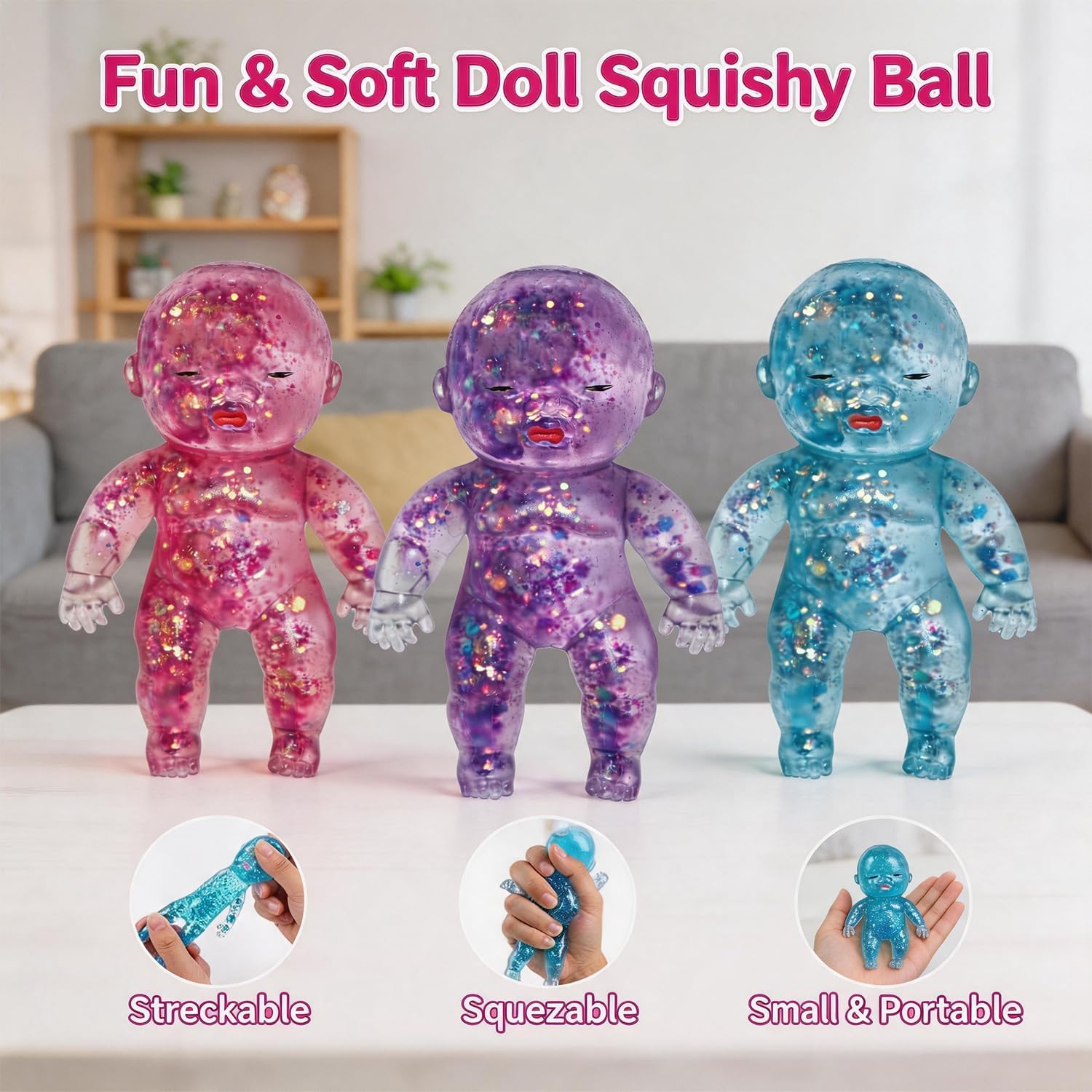 Glitter Doll Squishies Stress Ball, Squishy Babies Sensory Fidget for Stress Relief, Soft Cute Squeeze, Portable Desk Decor & Relaxing Gift for Adults (Pink)