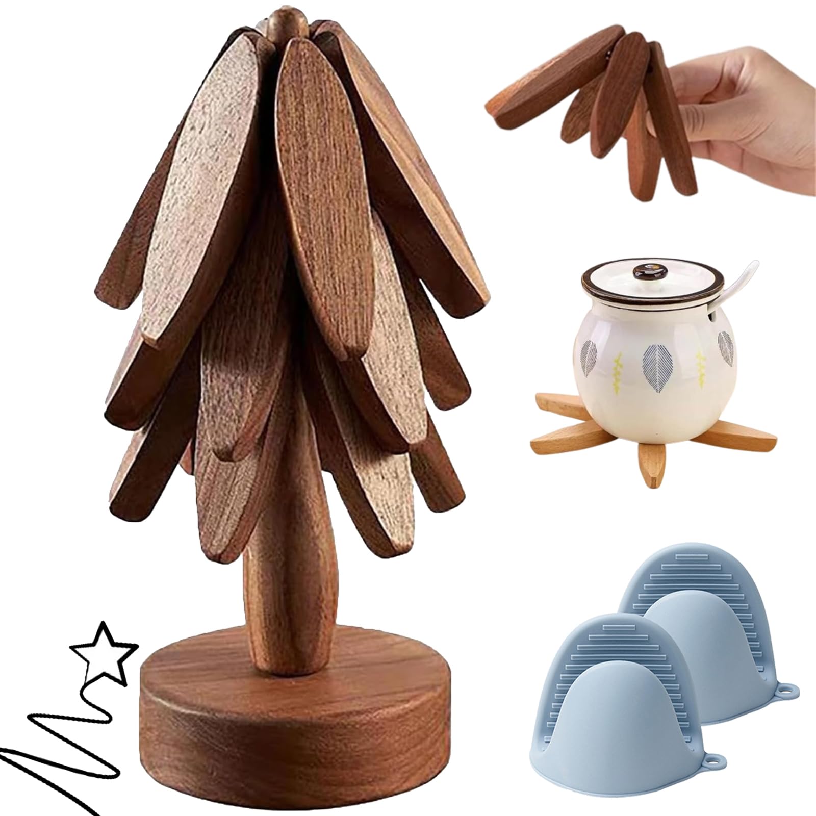 Camic 3 Pads-A Wooden Tree Coasters, Wooden Tree Trivet Set, Wooden Trivets For Hot Dishes, Heat Resistant Coaster Tree Wood Tree Coasters, Collapsible Wooden Mat Pot Holders, Multifunctional Ornaments (3 Pads-A)
