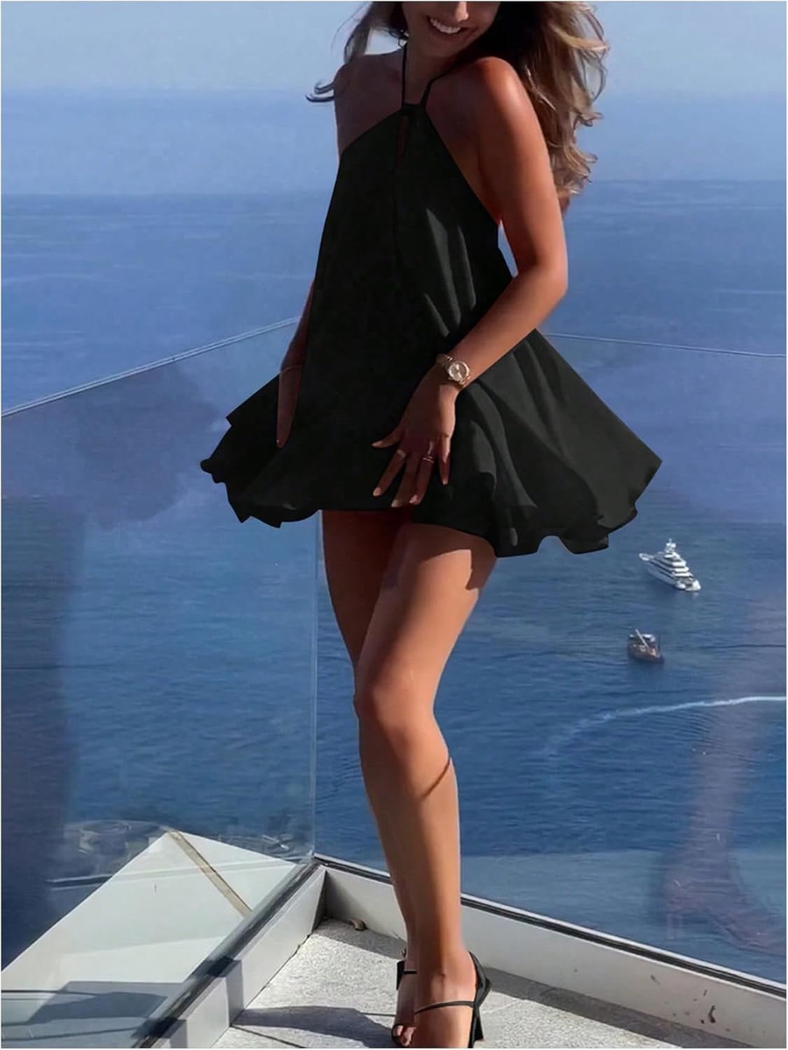 MakeMeChic Women's Halter Dress Tie Open Back Twist Sleeveless Flowy A Line Mini Dresses - Image 2