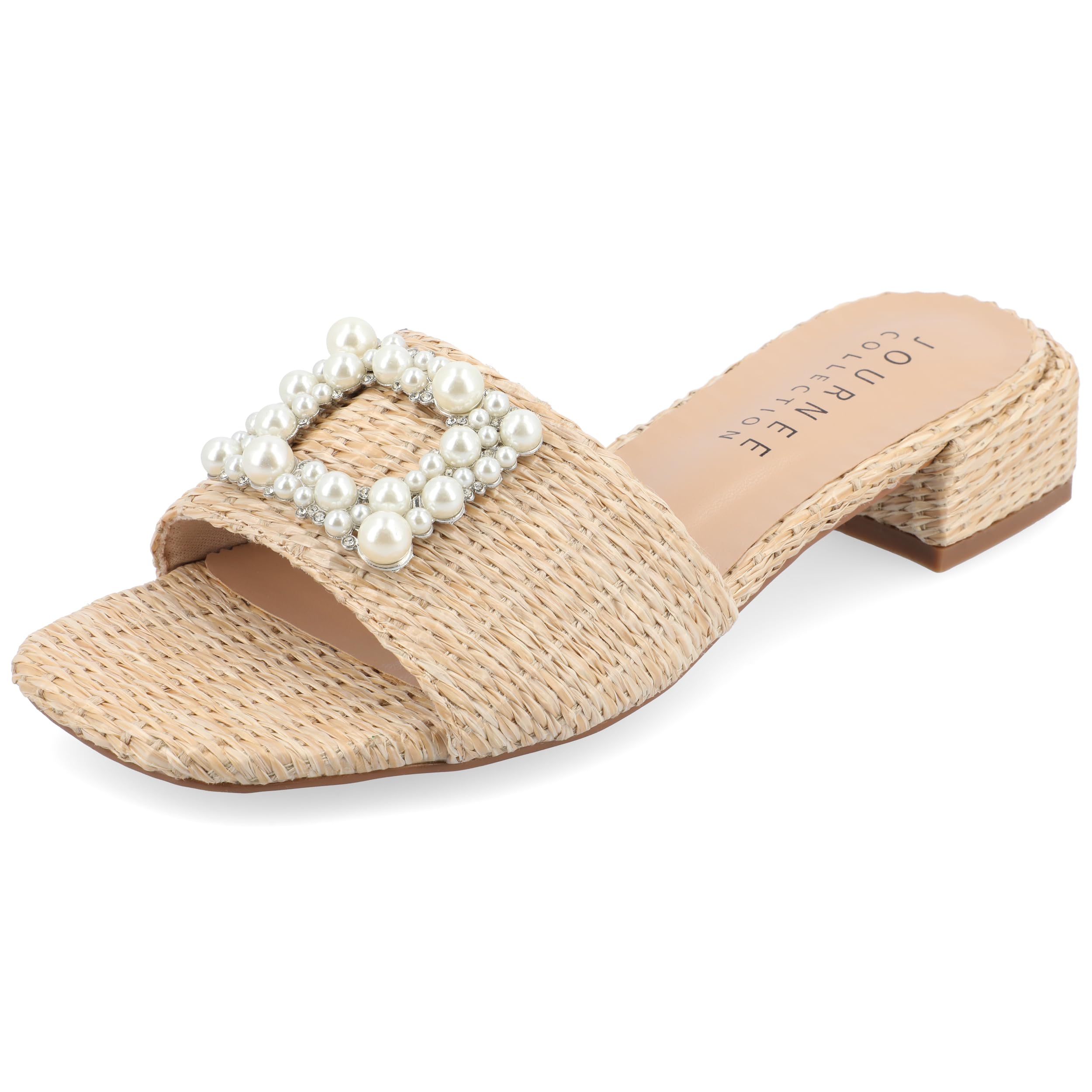 Journee Womens Pearl Raffia Slip On Open Square Toe Outset Block Heel Justina Comfort Foam Flat Sandals