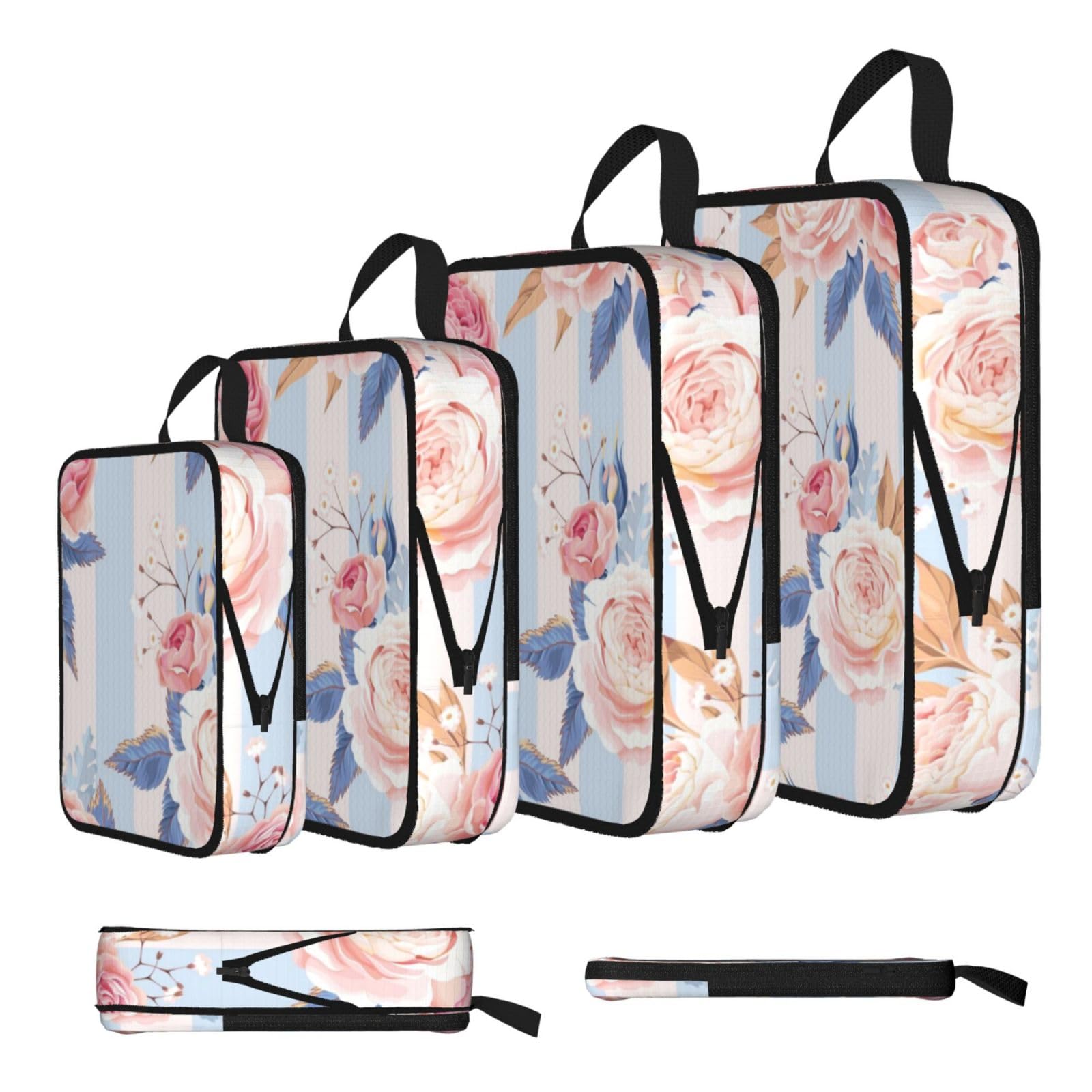 Flowers Stripe Print 4 Set Compression Packing Cubes For Suitcases,Expandable Storage Bags Organizers