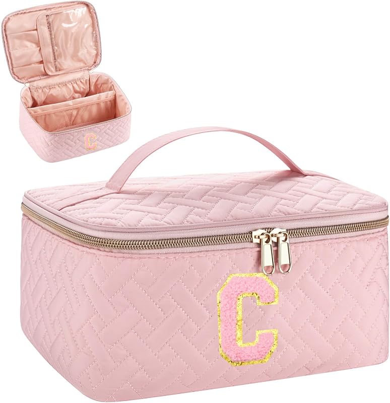 Necessaire de Maquiagem JRQCSJY com Inicial C, Rosa, Zíper e Alça