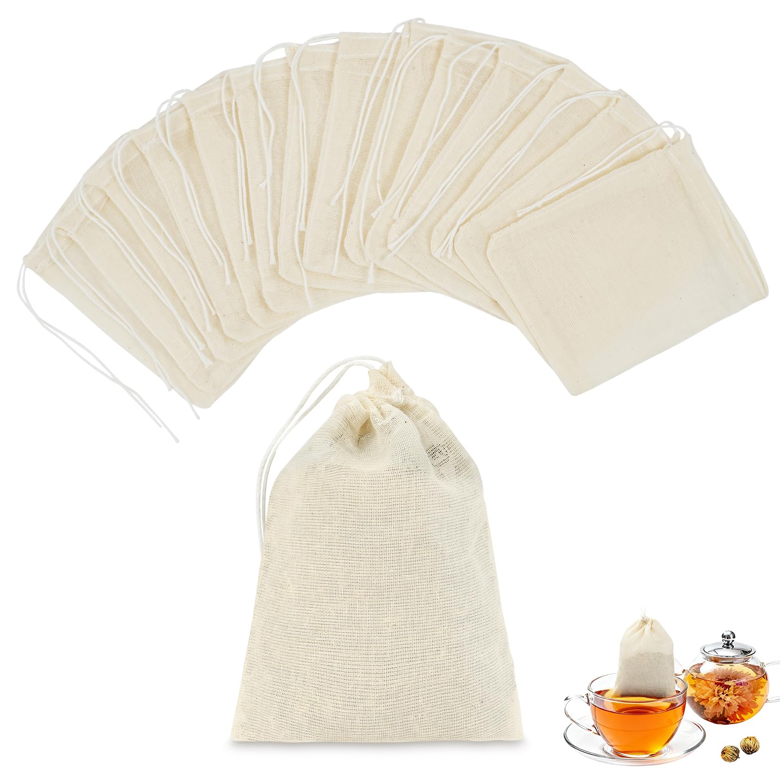 ABOHU 50 Pcs Reusable Tea Filter Bags with Drawstring, Cotton Muslin Bag Tea Bags Empty Teafilter, Tea Infusers Bag for Loose Leaf Teal, Cooking, Soup, Coffee, Spices Storage, 8 x 10 cm