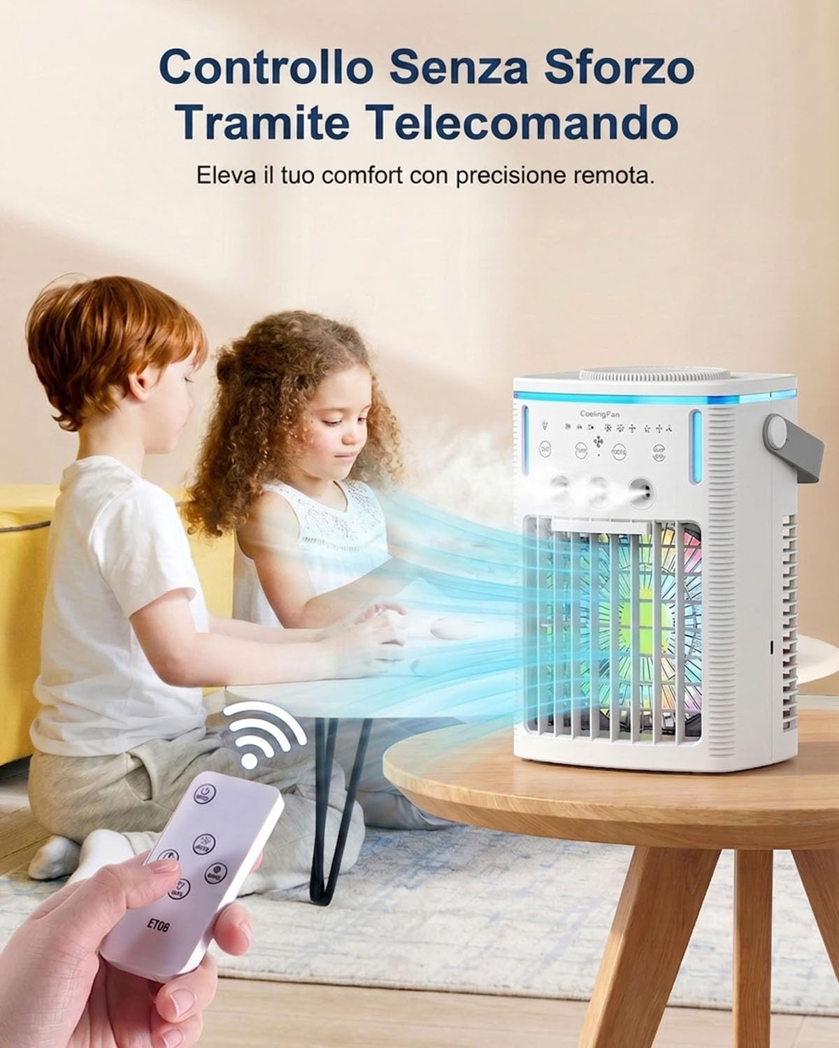 Condizionatore Portatile Silenzioso con Telecomando, Mini Raffreddatore d'Aria 4-in-1 con Serbatoio da 1000ml, Raffrescamento a 3 Ugelli per Camera da Letto e Ufficio, Timer 2-8H e 7 Colori LED