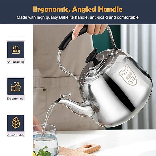 Miniatura 4 de Hervidor de té, hervidor de té, tetera silbante, tetera clásica de acero inoxidable para estufa con mango ergonómico, acabado espejo (color un