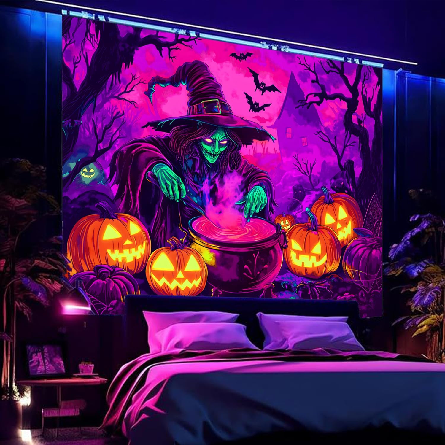 BSFHH Black Light Tapestry – UV Reactive Glow in the Dark Wall Hanging, Spooky Night Scene with Ghosts & Pumpkins, Haunting Home Decor for Parties, Bedroom, or Dorm (Sorceress, 79L x 59W, Unframed)