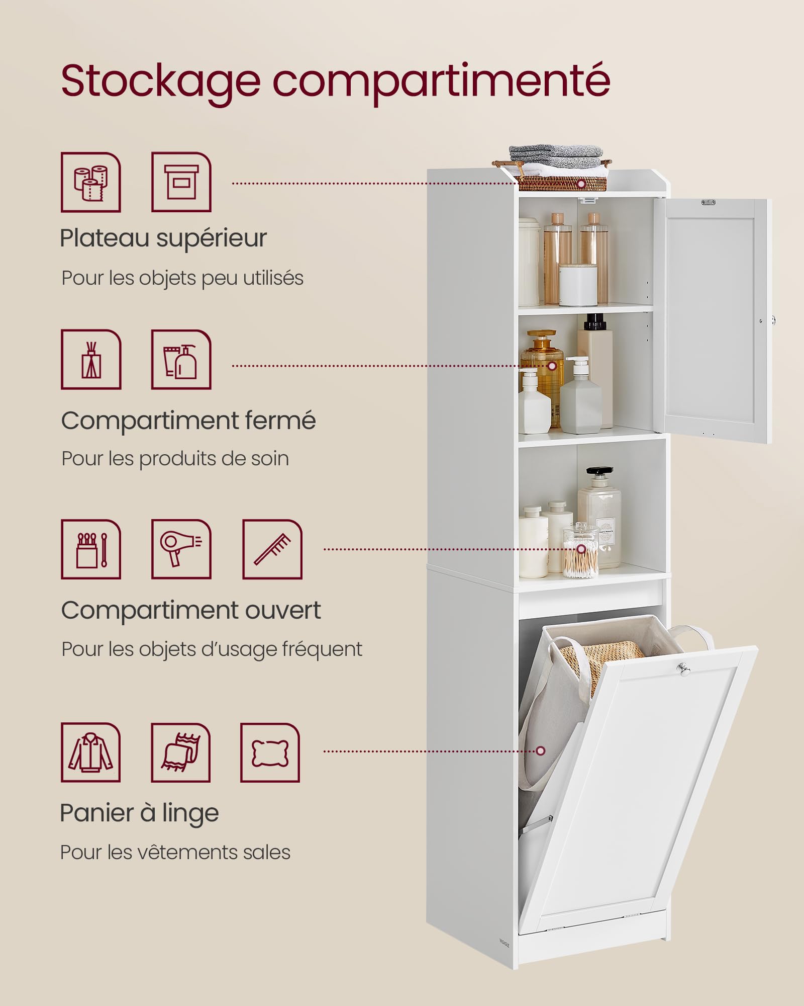 VASAGLE Meuble de Salle de Bain, Panier à Linge, Placard de Rangement Haut, avec Sac Intérieur Amovible avec Poignées, Compartiment avec Porte, 40 x 40 x 170 cm, Blanc Nuage BBC761W01