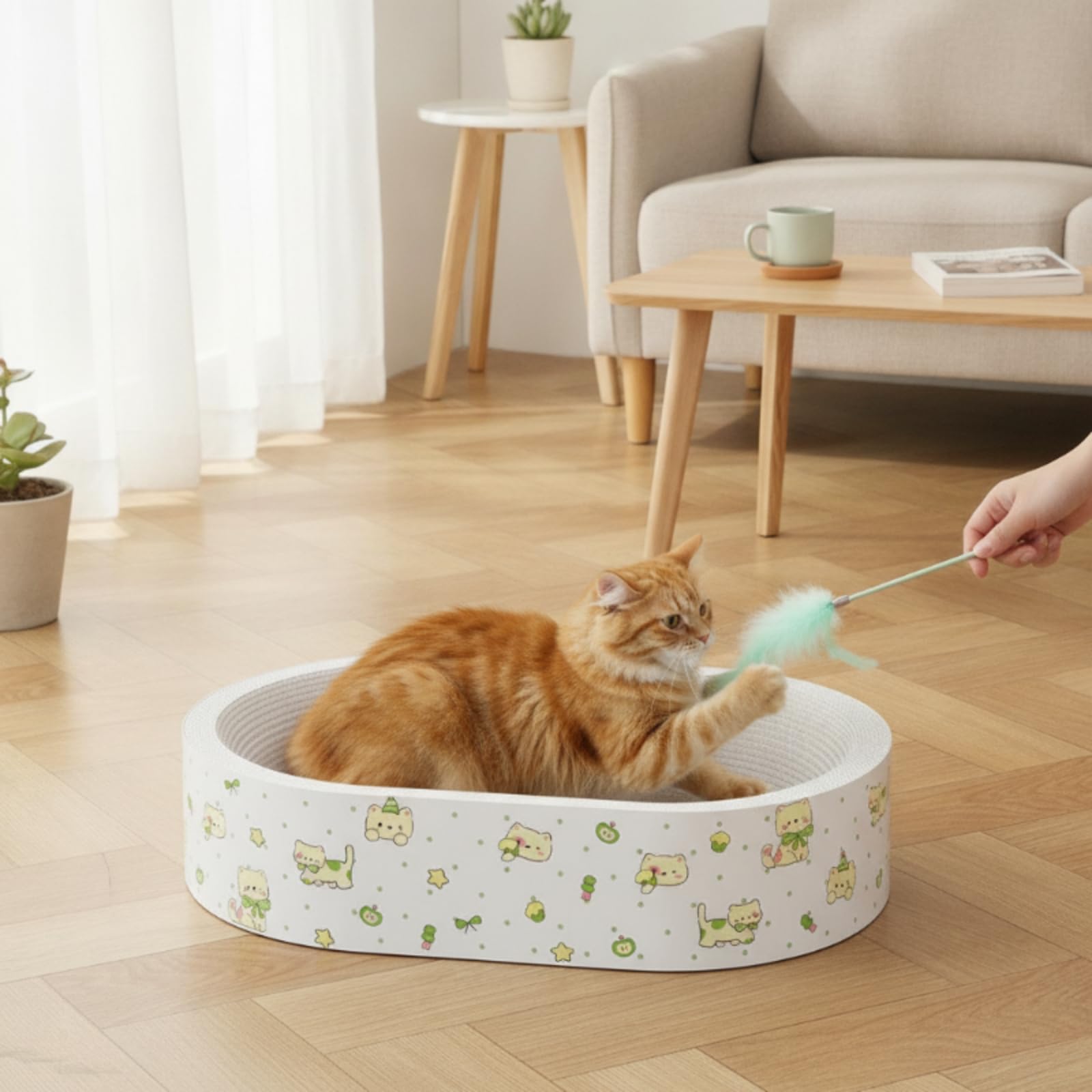 Kratzbett Katze Kratzschale Katzenbett Kratzbrett Liegenest aus Wellpappe mit Strukturierter Innenfläche Und Sauberem Look für Kratztraining Und Ruhe, Oval 55 cm, Cartoon