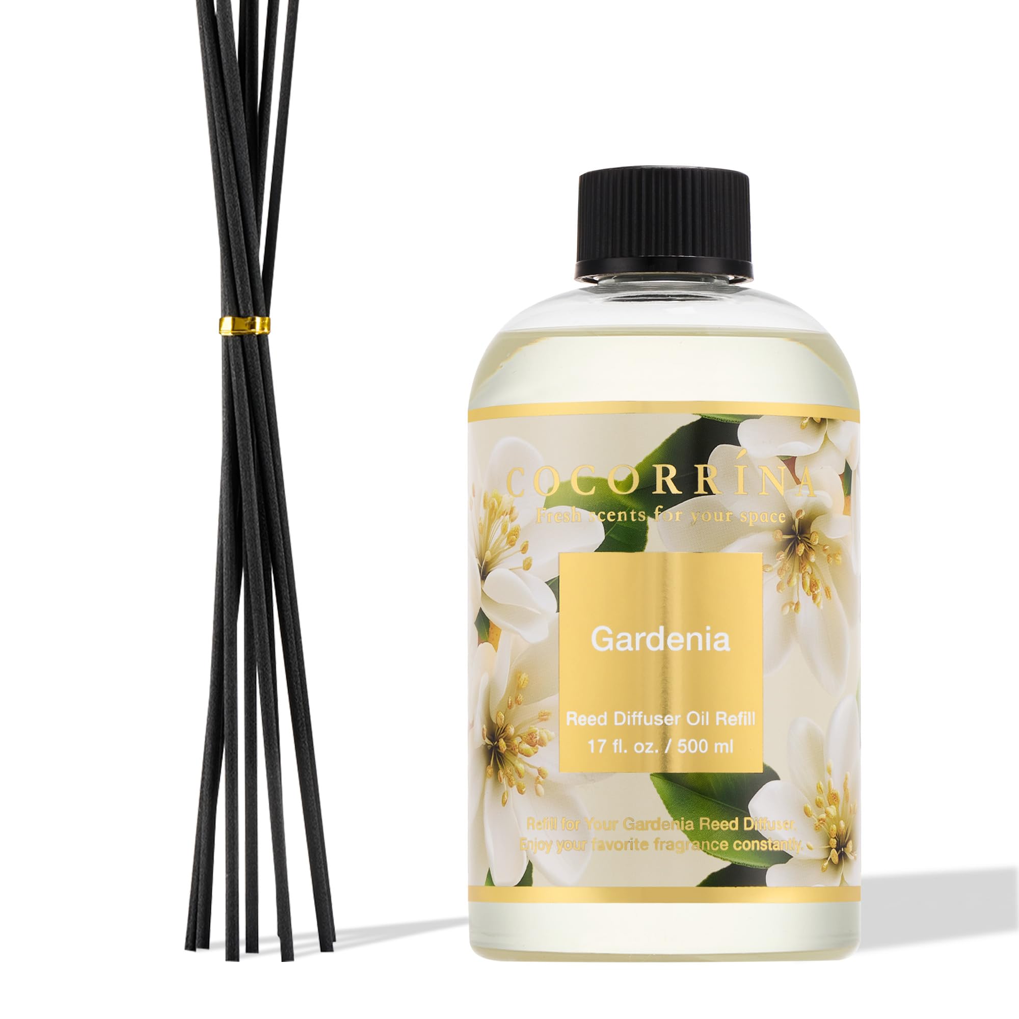 COCORRÍNA Ricarica Diffusore Ambiente 500ml con 8 Bastoncini, Gardenia, Profumo Lungo Durata con Oli Essenziali Naturali, Camera da Letto e Bagno