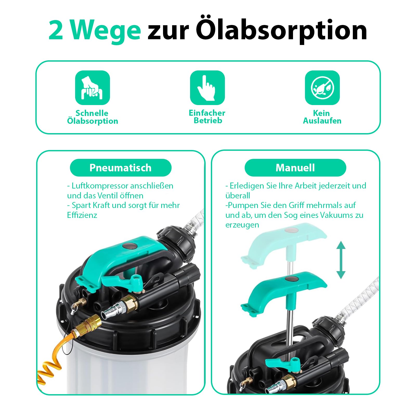 Magicbox 5.3L Kapazität Ölabsaugpumpe Auto Dual-System(Manuell + Pneumatisch) mit 6 Schläuchen & Sicherheitsventil–1,5m Schlauch für Auto, Motorrad, Boot, Industrietauglich, Rostbeständig